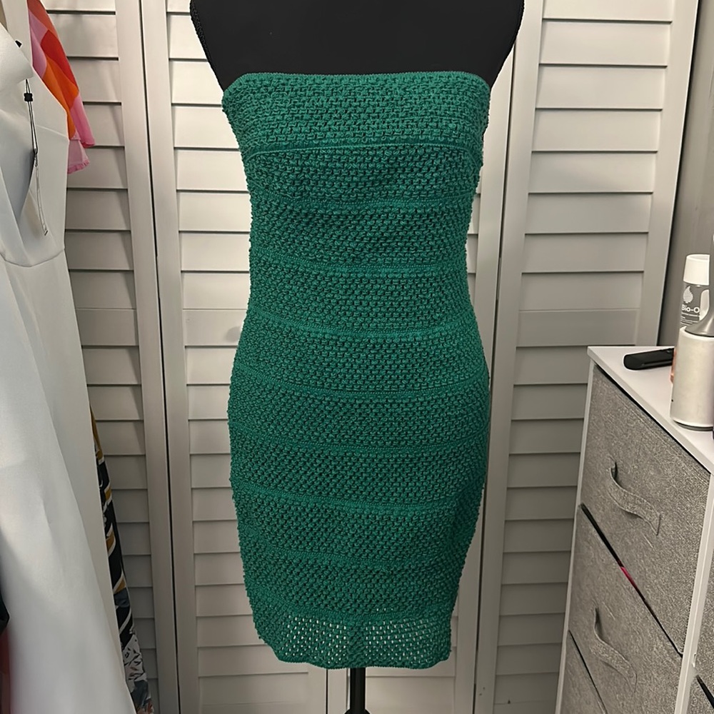 NWOT WOW COUTURE KNITTED GREEN BANDAGE STRAPLESS DRESS